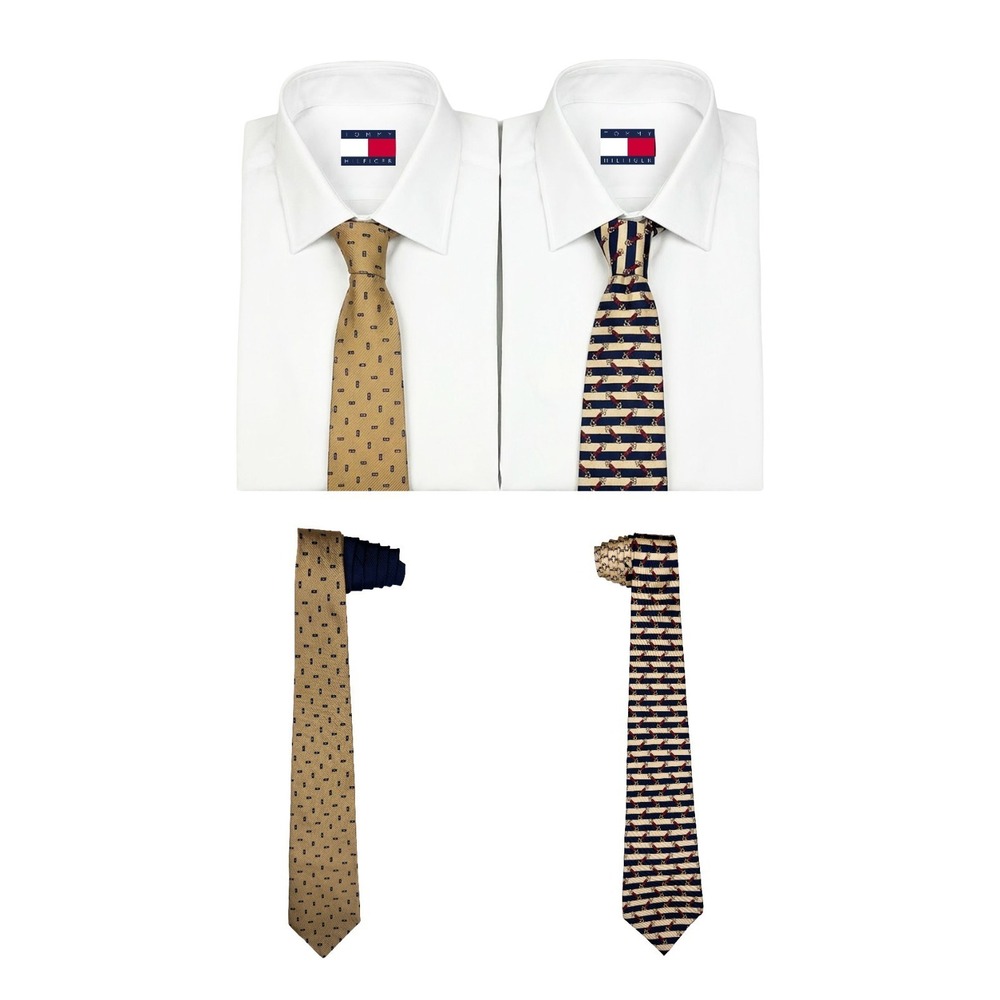 Tommy Hilfiger Mens Vintage 100% Silk Tie Lot of 2 Navy Stripe Gold 90s USA Made